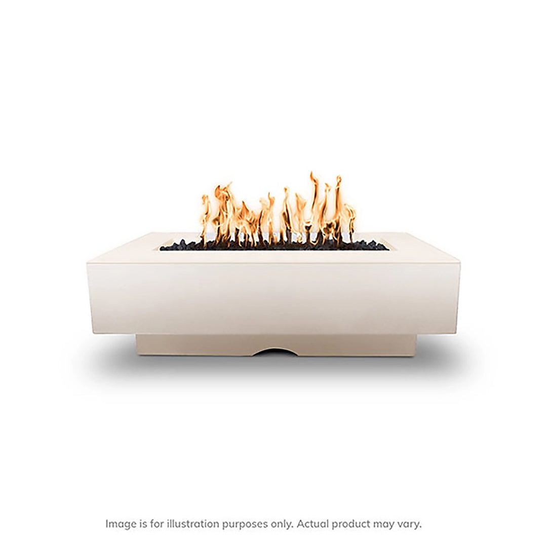 The Outdoor Plus 60-inch Del Mar Concrete Gas Fire Pit in Pearl finish, bringing sophistication to outdoor decor with its clean lines and captivating flame display. Crafted for durability and luxury in any setting.