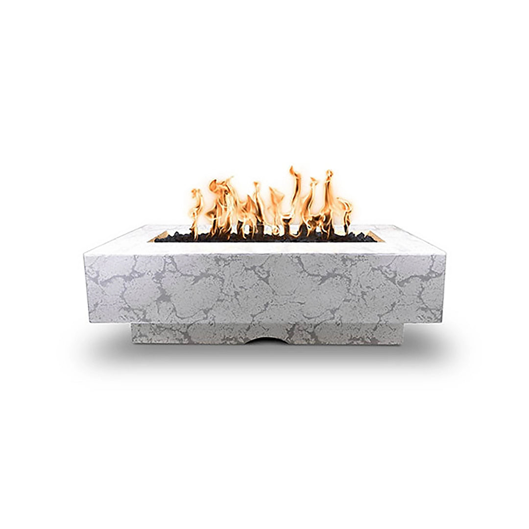 The Outdoor Plus 60-inch Del Mar Concrete Gas Fire Pit in Rustic White, offering a natural, earthy aesthetic with a modern design. Features a robust concrete build and an eye-catching flame, perfect for cozy outdoor gatherings.