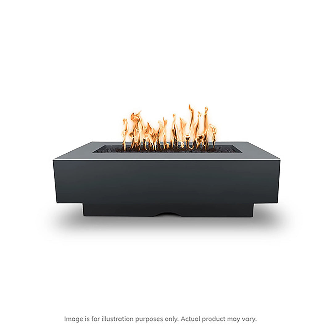 The Outdoor Plus 60-inch Del Mar Concrete Gas Fire Pit in Slate color, with a sleek, modern appearance and clean lines. Designed for outdoor durability, this fire pit adds a cozy touch to patios and gardens.