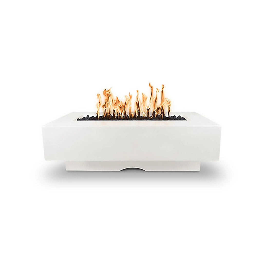 The Outdoor Plus 60-inch Del Mar Concrete Gas Fire Pit in White Limestone finish, exuding modern elegance with a rectangular shape and warm flame. Made from high-quality concrete, suitable for enhancing outdoor settings.