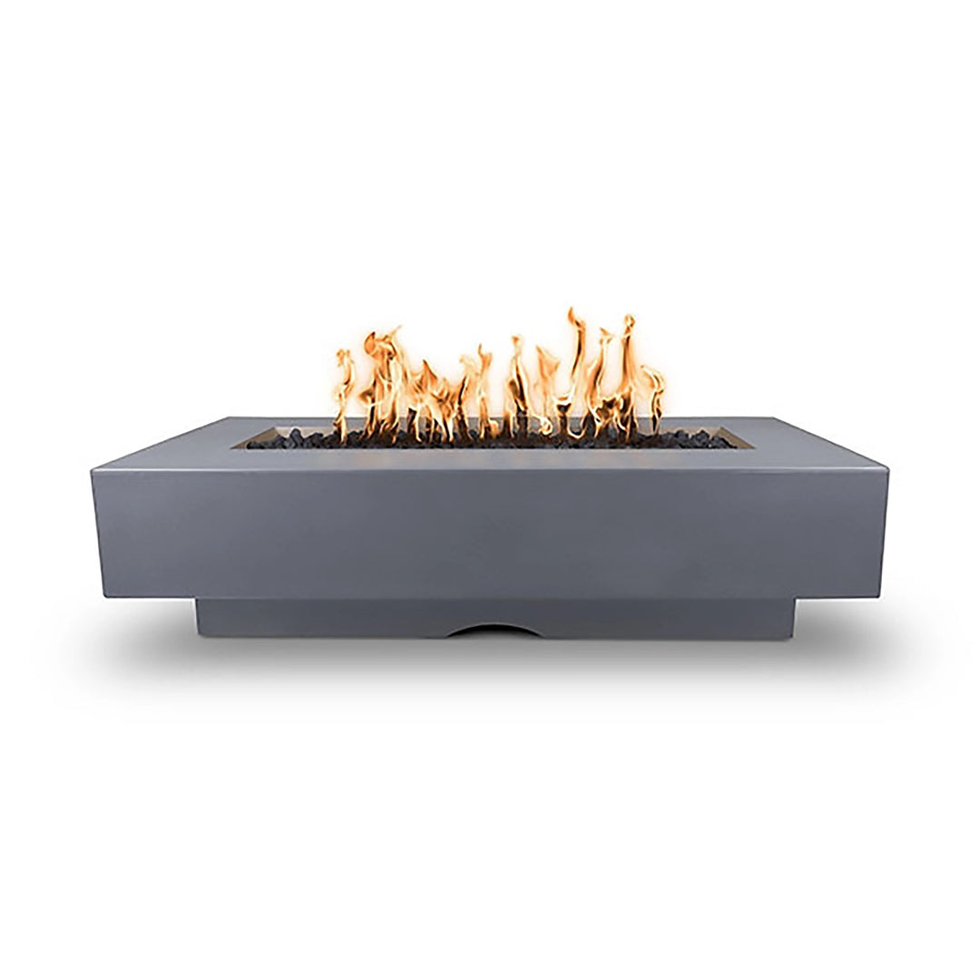 The Outdoor Plus 72" Del Mar Concrete Gas Fire Pit in gray color, offering a neutral yet contemporary appeal. Its spacious design with a centered fire area makes it suitable for both modern and classic outdoor decor, powered by natural gas or propane.