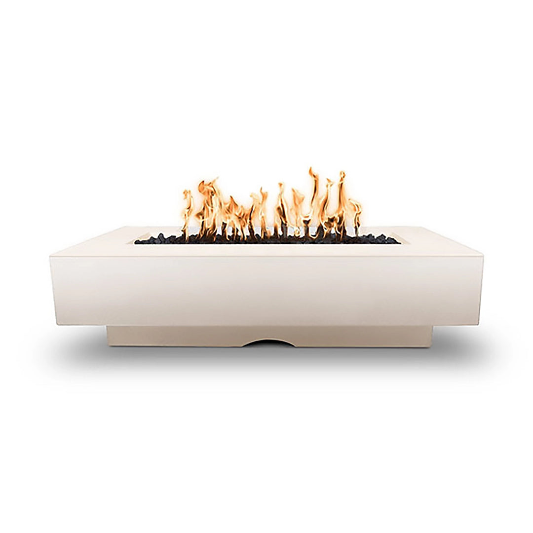 The Outdoor Plus 72-inch Del Mar concrete gas fire pit in pearl finish, providing an elegant contrast with its clean rectangular structure and lively flame. A sophisticated centerpiece for outdoor gatherings, enhancing patios with a luxurious touch. Pearl color brings brightness and refinement to modern spaces.