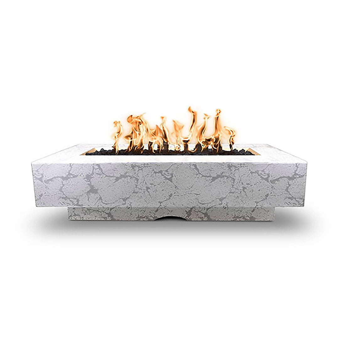 The Outdoor Plus 72-inch Del Mar concrete gas fire pit in rustic white, featuring a weathered look and clean rectangular lines with vibrant flames. Complements farmhouse or rustic-themed outdoor spaces, creating a cozy gathering spot. Rustic white adds vintage appeal to patio decor.