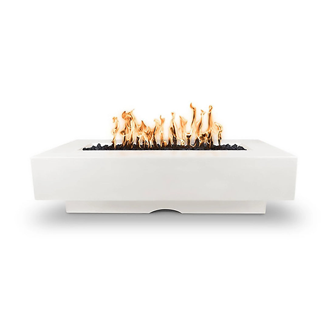 The Outdoor Plus 72-inch Del Mar concrete gas fire pit in white limestone, with a bright, clean finish and sleek rectangular design complemented by dynamic flames. Ideal for refreshing and uplifting outdoor spaces, adding brightness to patios. White limestone enhances modern, minimalist aesthetics.