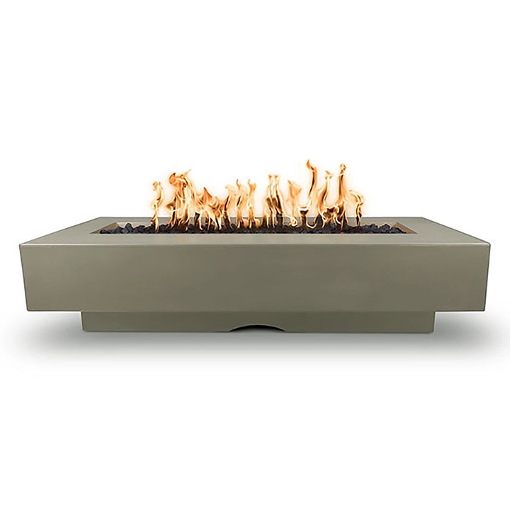  Elegant The Outdoor Plus 84” Del Mar concrete gas fire pit in ash finish, featuring clean lines, smooth edges, and a stunning flame bed with natural lava rocks. Perfect for outdoor spaces, this ash-colored gas fire pit combines modern design and functionality to create a warm and inviting ambiance. A premium centerpiece for patios and backyards.