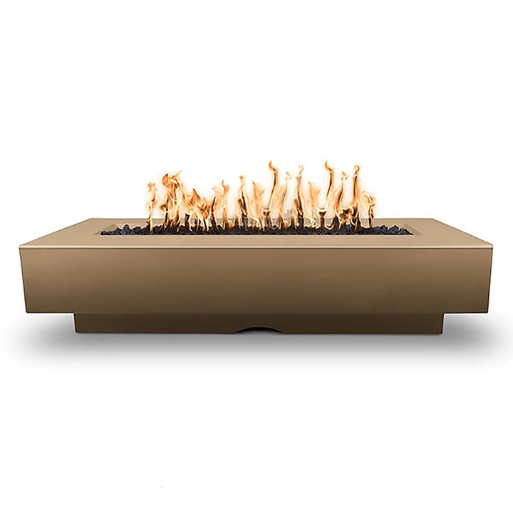 The Outdoor Plus 84” Del Mar concrete gas fire pit in a rich bronze finish. Featuring a stylish rectangular design with a glowing flame display, this fire pit provides both warmth and a luxurious aesthetic for outdoor settings. A perfect blend of modern design and functional heating.