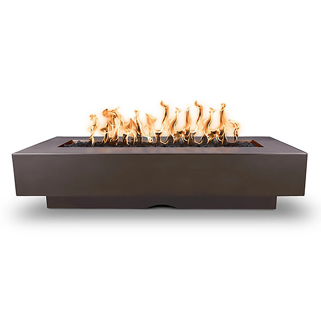 The Outdoor Plus 84” Del Mar concrete gas fire pit in chestnut finish, a rectangular design combining contemporary elegance and functionality. This chestnut-colored fire pit enhances any outdoor area with its warm tones and impressive flame display.