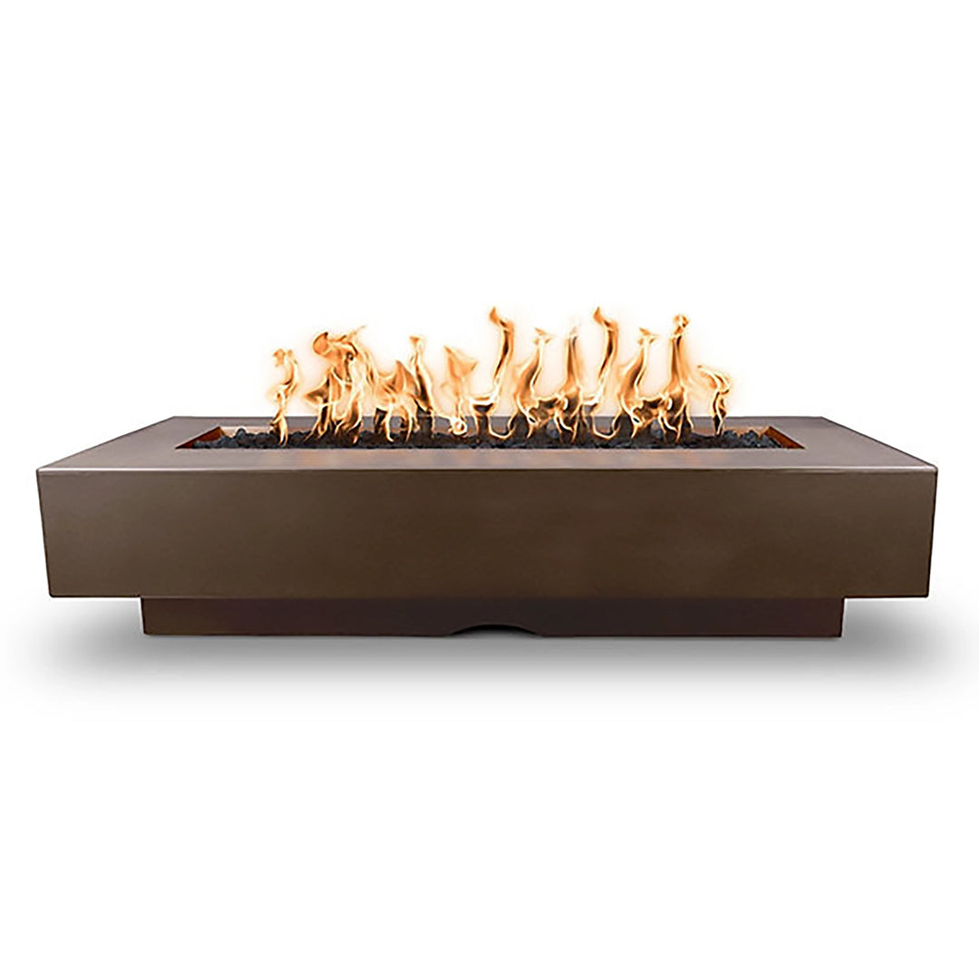 The Outdoor Plus 84” Del Mar concrete gas fire pit in chocolate finish, featuring a spacious rectangular design with an enchanting flame area. A durable and stylish centerpiece for patios or backyards, adding warmth and a modern touch.