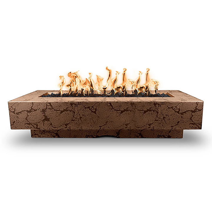 The Outdoor Plus 84” Del Mar concrete gas fire pit in coffee finish. A perfect blend of modern and rustic design, with a rectangular flame area creating a cozy atmosphere for outdoor settings. A stunning centerpiece for patios.