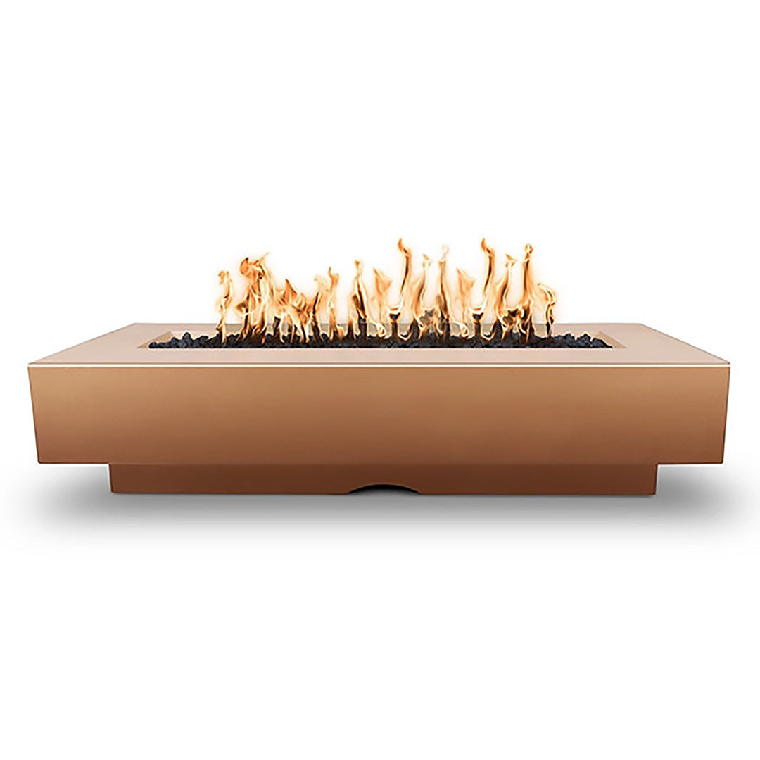 The Outdoor Plus 84” Del Mar concrete gas fire pit in copper, boasting a rectangular design and natural tones. Ideal for outdoor entertaining, this fire pit combines elegance with durable craftsmanship for patios and backyards.