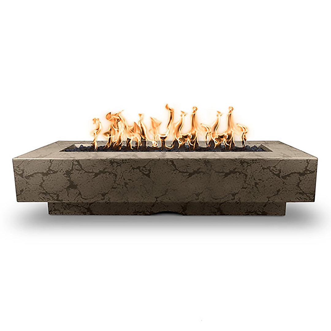 The Outdoor Plus 84" Del Mar Concrete Gas Fire Pit in Moss Stone. A sleek rectangular fire pit with vibrant flames, perfect for outdoor luxury spaces. Crafted with durable concrete and a smooth moss stone finish, ideal for patios or backyard settings.