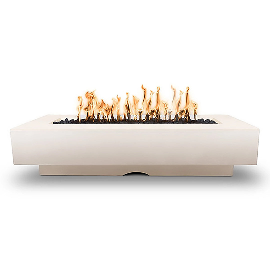 The Outdoor Plus 84" Del Mar Concrete Gas Fire Pit in Pearl. A rectangular fire pit designed for outdoor comfort, offering a minimalist style with bold flames for sophisticated spaces.