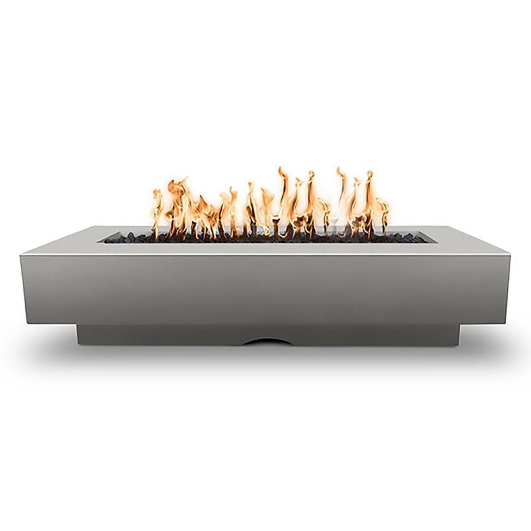 The Outdoor Plus 84" Del Mar Concrete Gas Fire Pit in Silver. A stylish, durable fire pit with contemporary design, showcasing vibrant flames for high-end outdoor spaces.