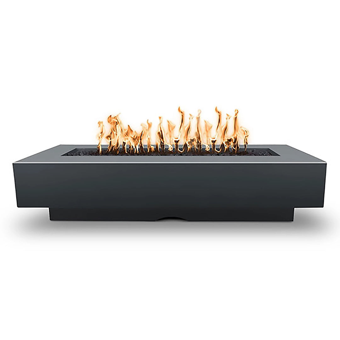 The Outdoor Plus 84" Del Mar Concrete Gas Fire Pit in Slate. Sophisticated fire pit with a dark gray finish, a modern rectangular shape, and bold flames for outdoor elegance.