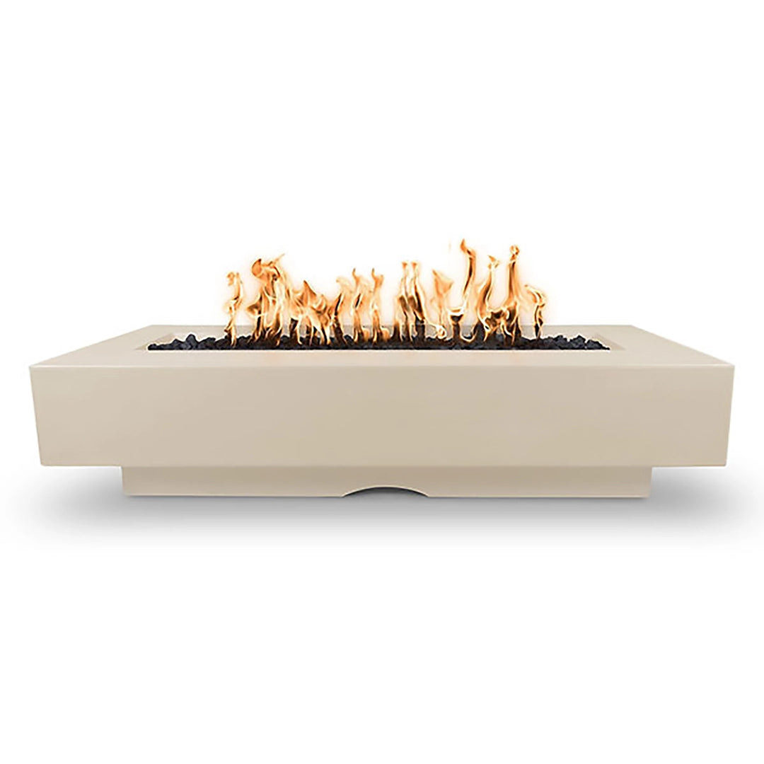 The Outdoor Plus 84" Del Mar Concrete Gas Fire Pit in Vanilla. Elegant light-toned fire pit with modern design and vivid flames, ideal for luxury outdoor settings.