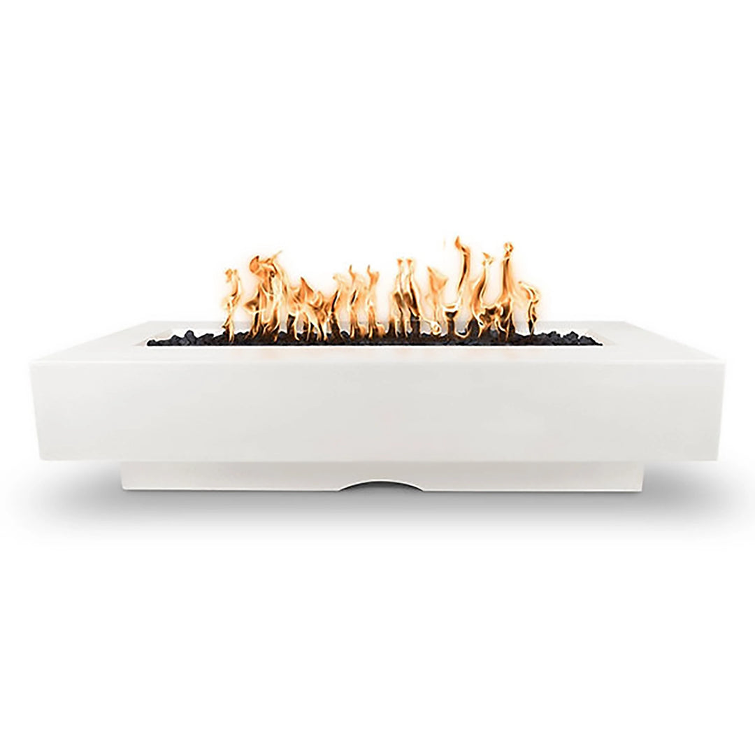 The Outdoor Plus 84" Del Mar Concrete Gas Fire Pit in White Limestone. Durable rectangular fire pit with a smooth finish and radiant flames, perfect for any modern patio or garden.