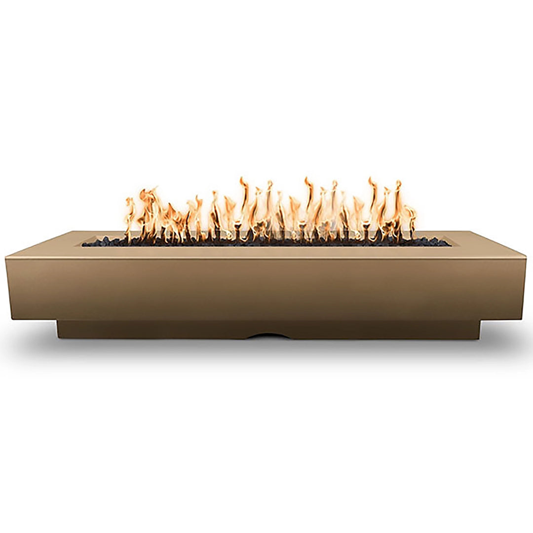 The luxurious Outdoor Plus 96" Del Mar Concrete Gas Fire Pit in Bronze color. This large rectangular fire pit showcases a sleek design, a solid concrete base, and a spacious flame channel, perfect for creating a cozy and upscale outdoor gathering space.