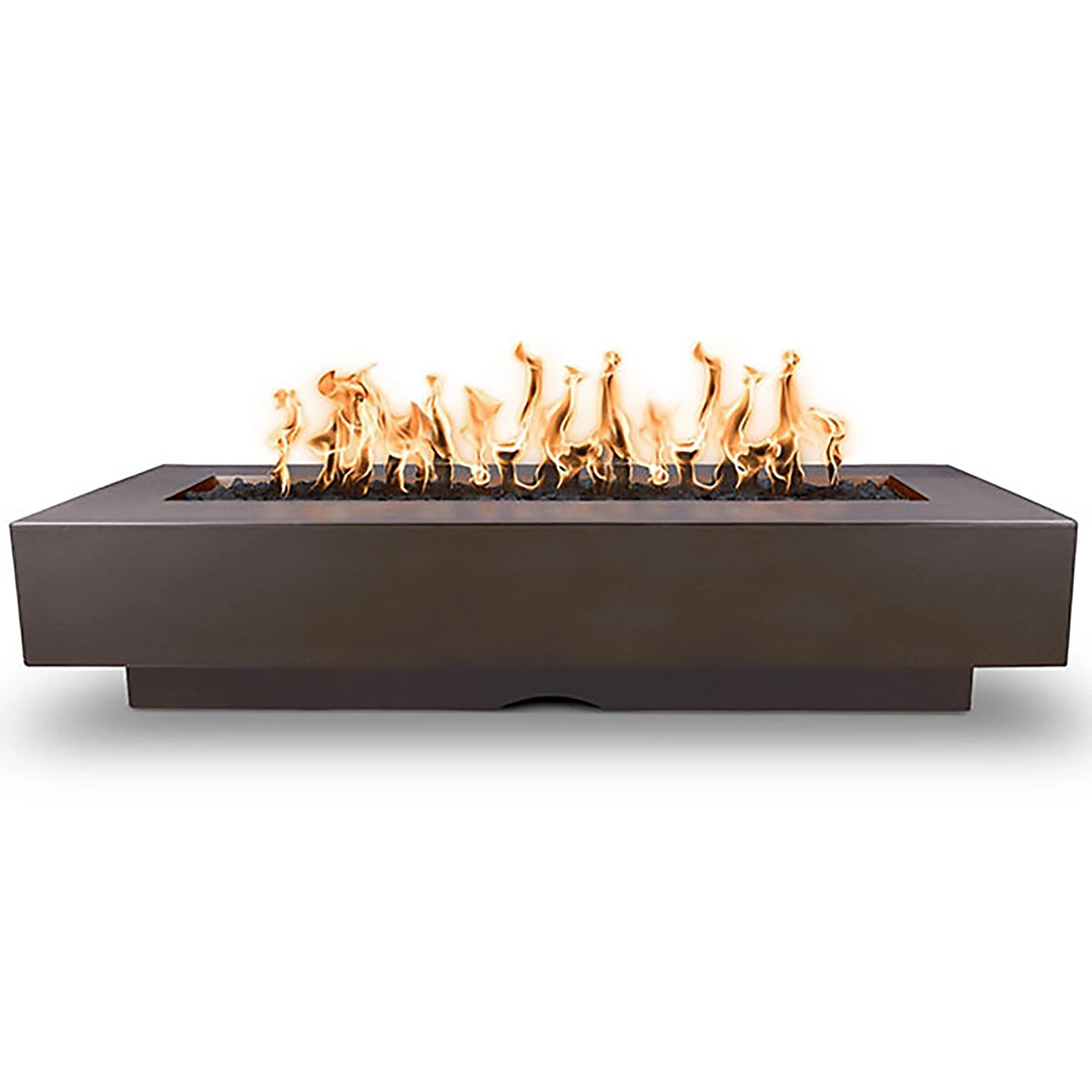 The classic and earthy Outdoor Plus 96" Del Mar Concrete Gas Fire Pit in Chestnut color. This rectangular gas fire pit offers a contemporary design, durable concrete construction, and a central flame for a perfect blend of style and functionality.