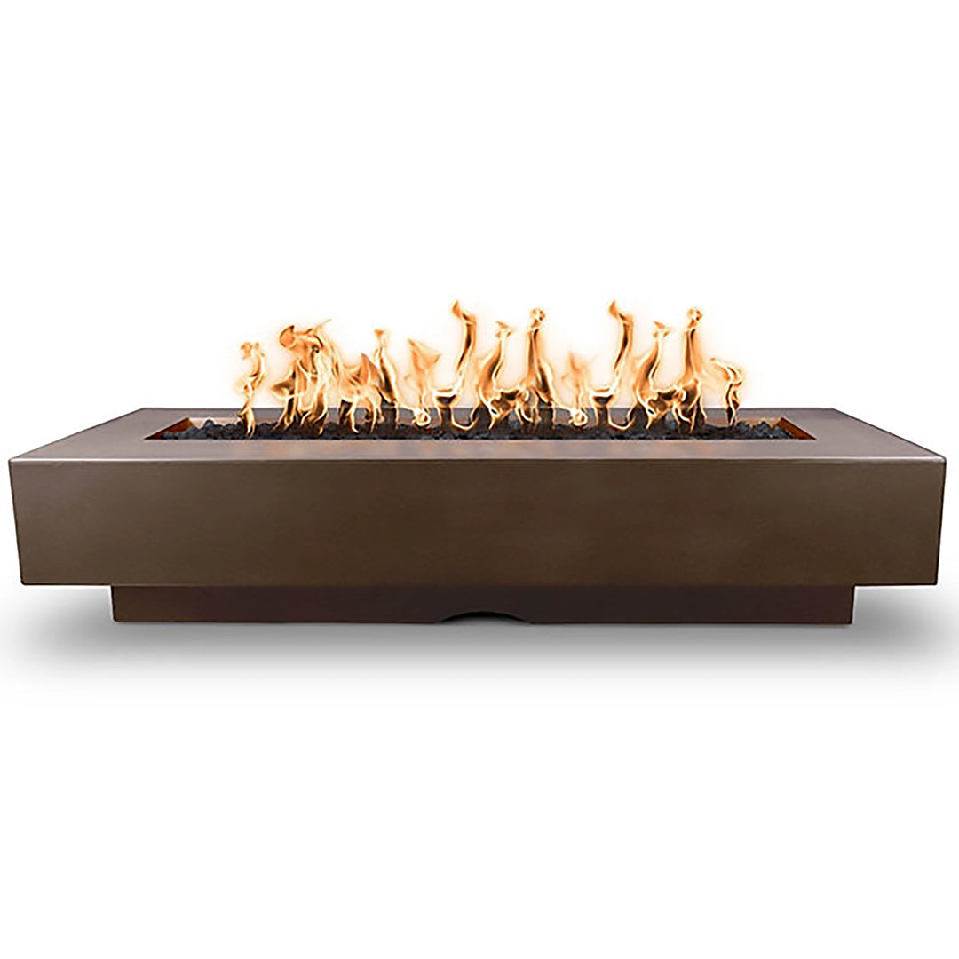 The rich and elegant Outdoor Plus 96" Del Mar Concrete Gas Fire Pit in Chocolate finish. Featuring a smooth concrete exterior, a rectangular design, and a vibrant flame trough, this fire pit adds warmth and sophistication to any outdoor space.