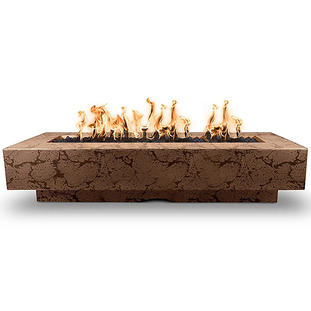 A modern and refined Outdoor Plus 96" Del Mar Concrete Gas Fire Pit in Coffee color. This beautifully crafted gas fire pit has a sleek rectangular design, a central flame feature, and durable construction, ideal for outdoor patios or gardens.