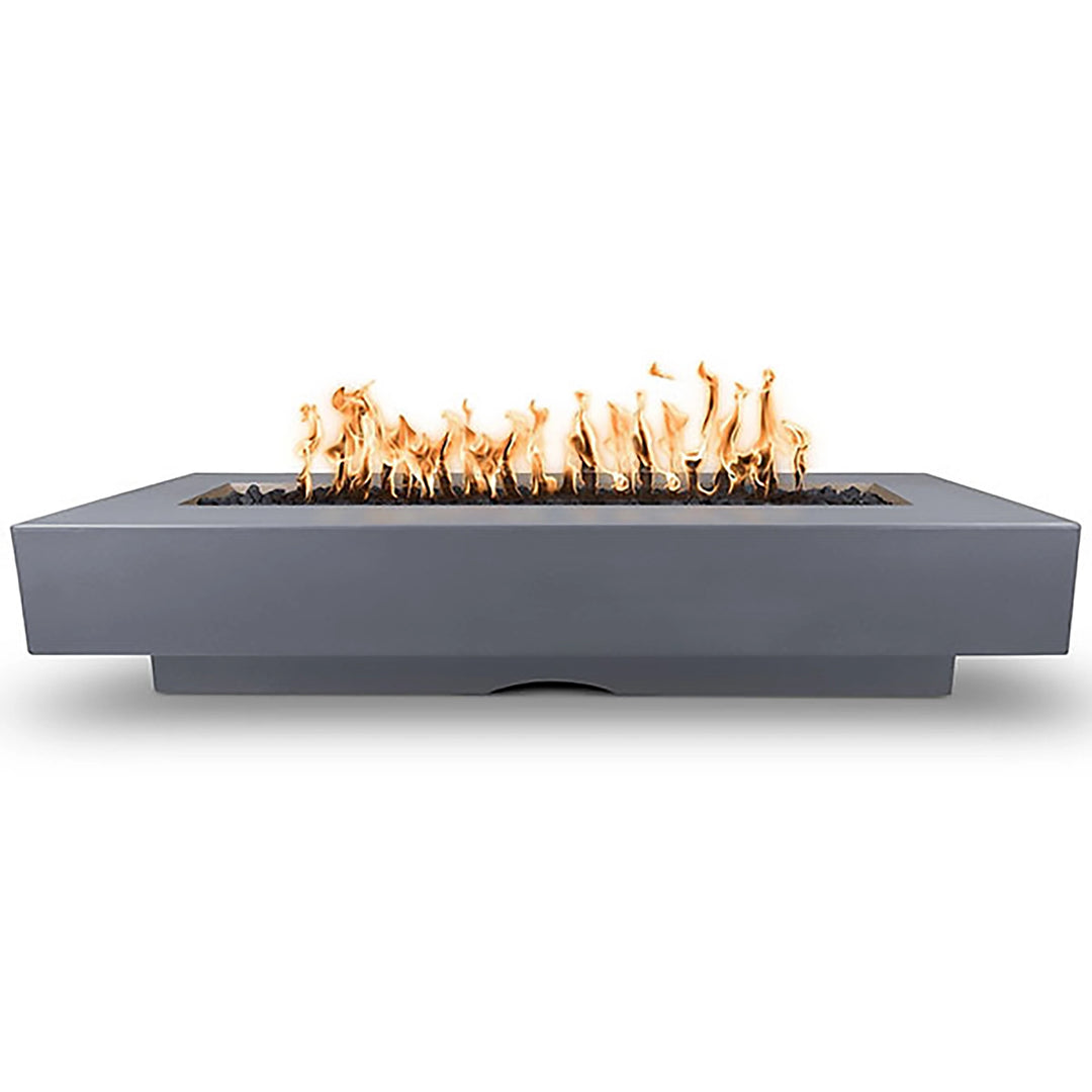 The versatile and sleek Outdoor Plus 96" Del Mar Concrete Gas Fire Pit in Gray finish. This modern gas fire pit combines a rectangular shape, durable concrete construction, and a long flame channel, creating a perfect focal point for outdoor entertainment spaces.