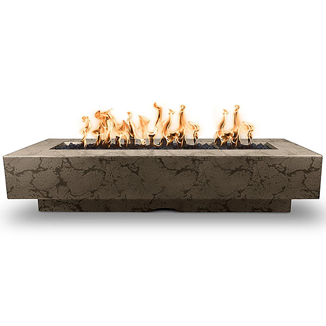 The Outdoor Plus 96-inch Del Mar Concrete Gas Fire Pit in Moss Stone, showcasing a sleek rectangular concrete design with a vibrant flame display. Perfect for enhancing outdoor spaces, this luxury fire pit features durable concrete construction, a modern aesthetic, and a captivating fire presentation. Ideal for backyard or patio settings