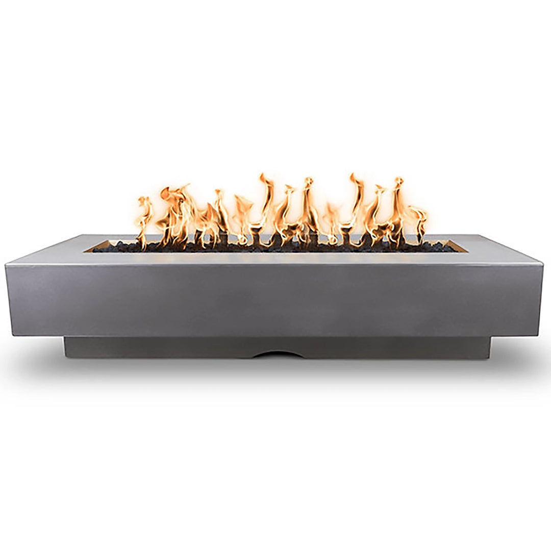 The Outdoor Plus 96-inch Del Mar Concrete Gas Fire Pit in Natural Gray, featuring a minimalist rectangular profile with a bold flame accent. Crafted from premium concrete, this elegant fire pit is built for outdoor durability and provides a stylish centerpiece for patios and outdoor lounges.