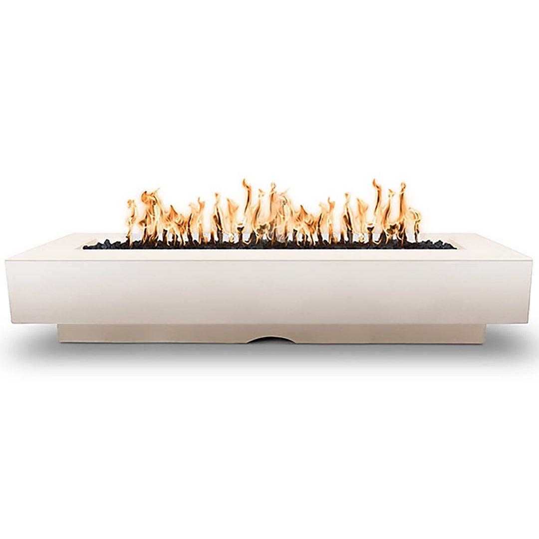 The Outdoor Plus 96-inch Del Mar Concrete Gas Fire Pit in Pearl, offering a polished concrete finish with a striking flame effect. This fire pit combines sophisticated design with high-quality materials, making it an excellent addition to upscale outdoor living areas.