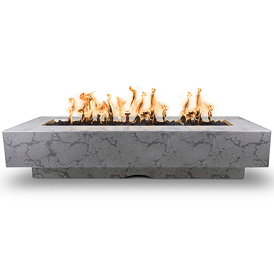 The Outdoor Plus 96-inch Del Mar Concrete Gas Fire Pit in Rustic Gray, blending rugged concrete textures with a vibrant linear flame. This fire pit delivers a perfect balance of natural charm and contemporary style, ideal for outdoor retreats.