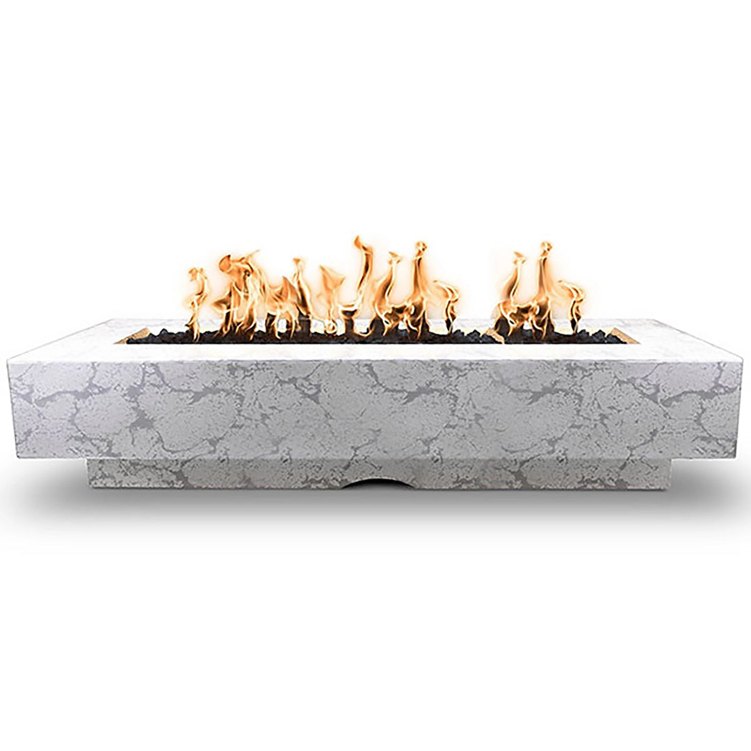 The Outdoor Plus 96-inch Del Mar Concrete Gas Fire Pit in Rustic White, presenting a refined rustic texture and a striking fire effect. Crafted for elegance and durability, this fire pit transforms any outdoor space into a sophisticated haven.