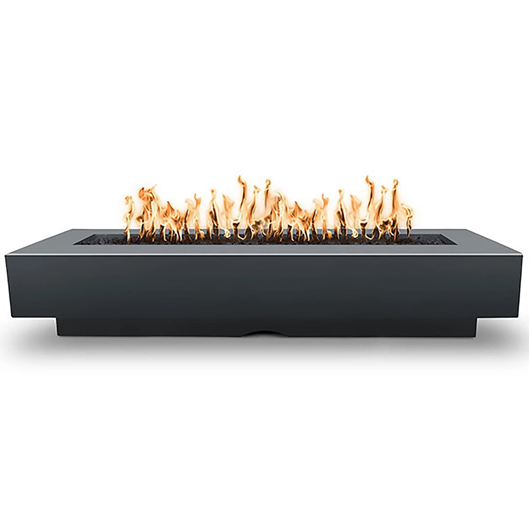 The Outdoor Plus 96-inch Del Mar Concrete Gas Fire Pit in Slate, featuring a strong concrete build with a sleek, modern design and an intense flame. Perfect for creating a bold statement in any outdoor area while ensuring long-lasting quality.