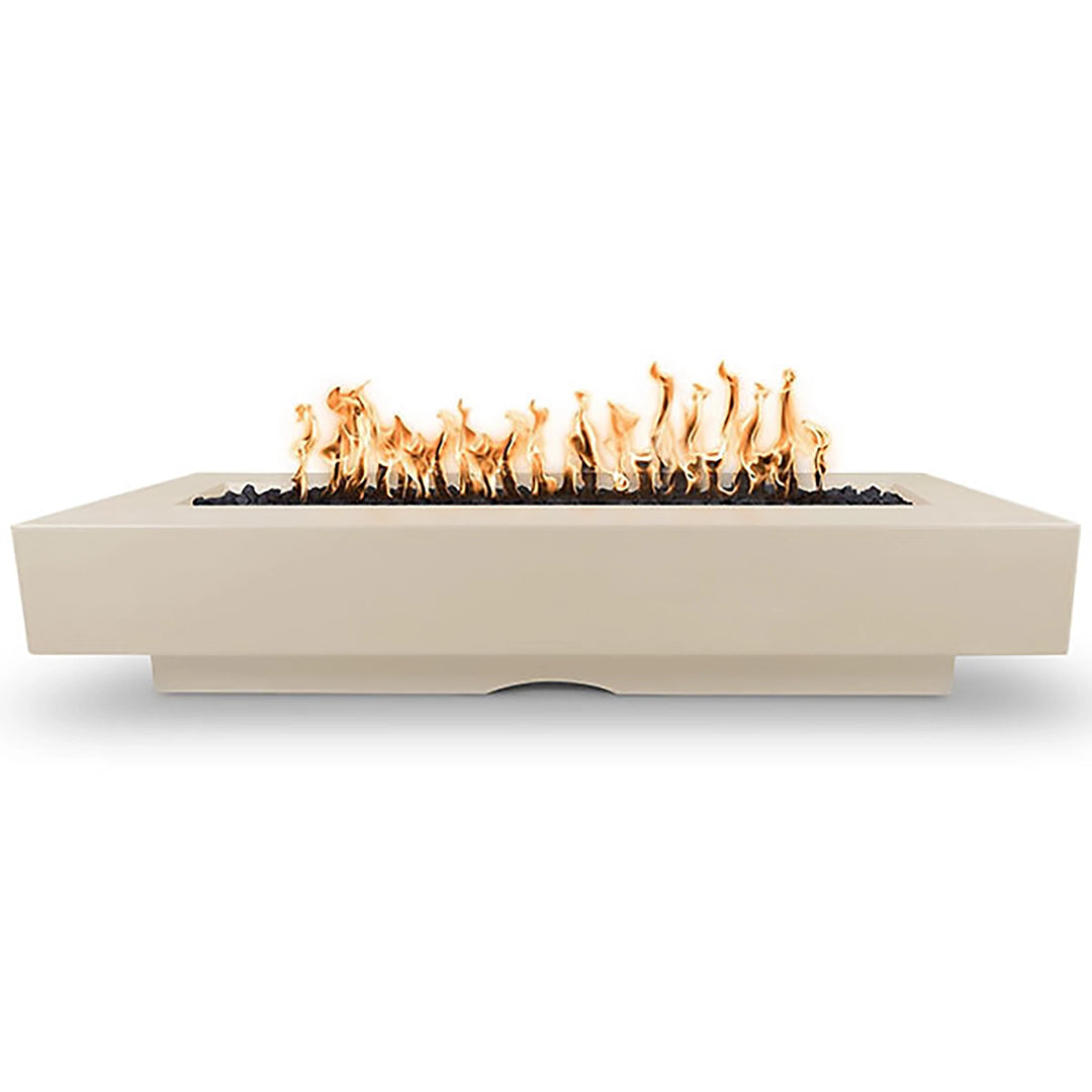 The Outdoor Plus 96-inch Del Mar Concrete Gas Fire Pit in Vanilla, showcasing a smooth concrete finish with an elegant flame presentation. This fire pit combines subtle sophistication and premium construction for luxurious outdoor settings.