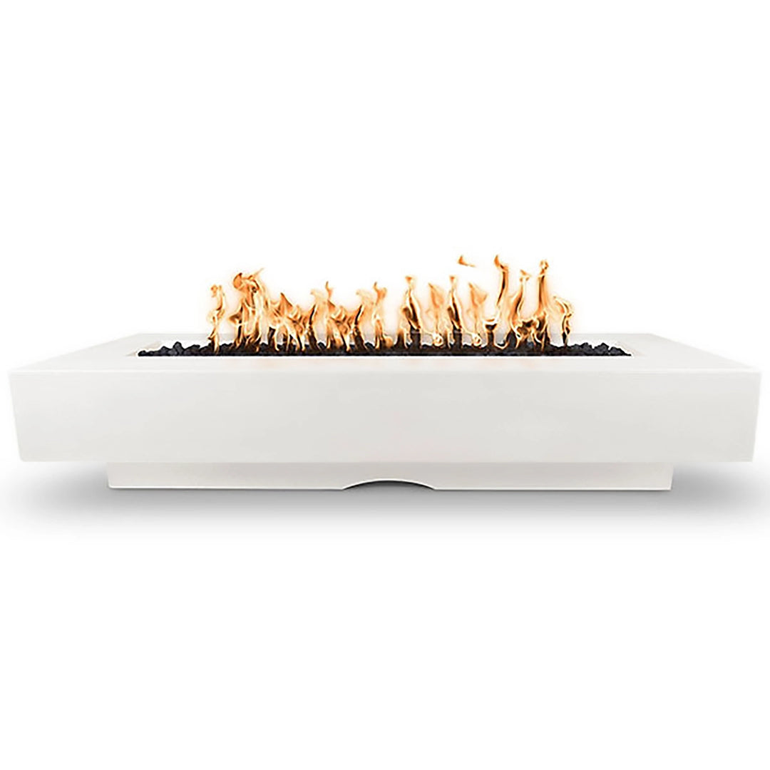 The Outdoor Plus 96-inch Del Mar Concrete Gas Fire Pit in White Limestone, offering a clean and refined look with a radiant flame effect. Designed for outdoor luxury, this fire pit enhances patios and backyard spaces with modern elegance.