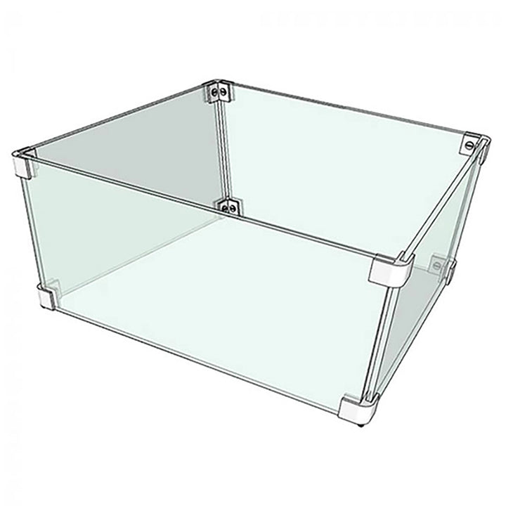 3D rendered image of The Outdoor Plus 20"x20" Square Tempered Glass Wind Guard featuring four tempered glass panels and sleek polished edges held together by sturdy stainless steel brackets. Engineered for wind protection in outdoor fire pits, offering a stylish, modern, and safe addition to any outdoor fire feature.