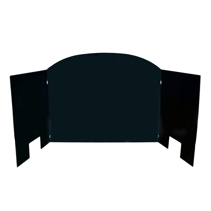 This is a black porcelain Traditional Fyreback by Real Fyre, featuring an open three-panel design with curved edges for enhanced protection. This fireback is crafted from high-quality porcelain material, designed to radiate heat back into the room while protecting the fireplace walls. Suitable for both gas and wood-burning fireplaces.