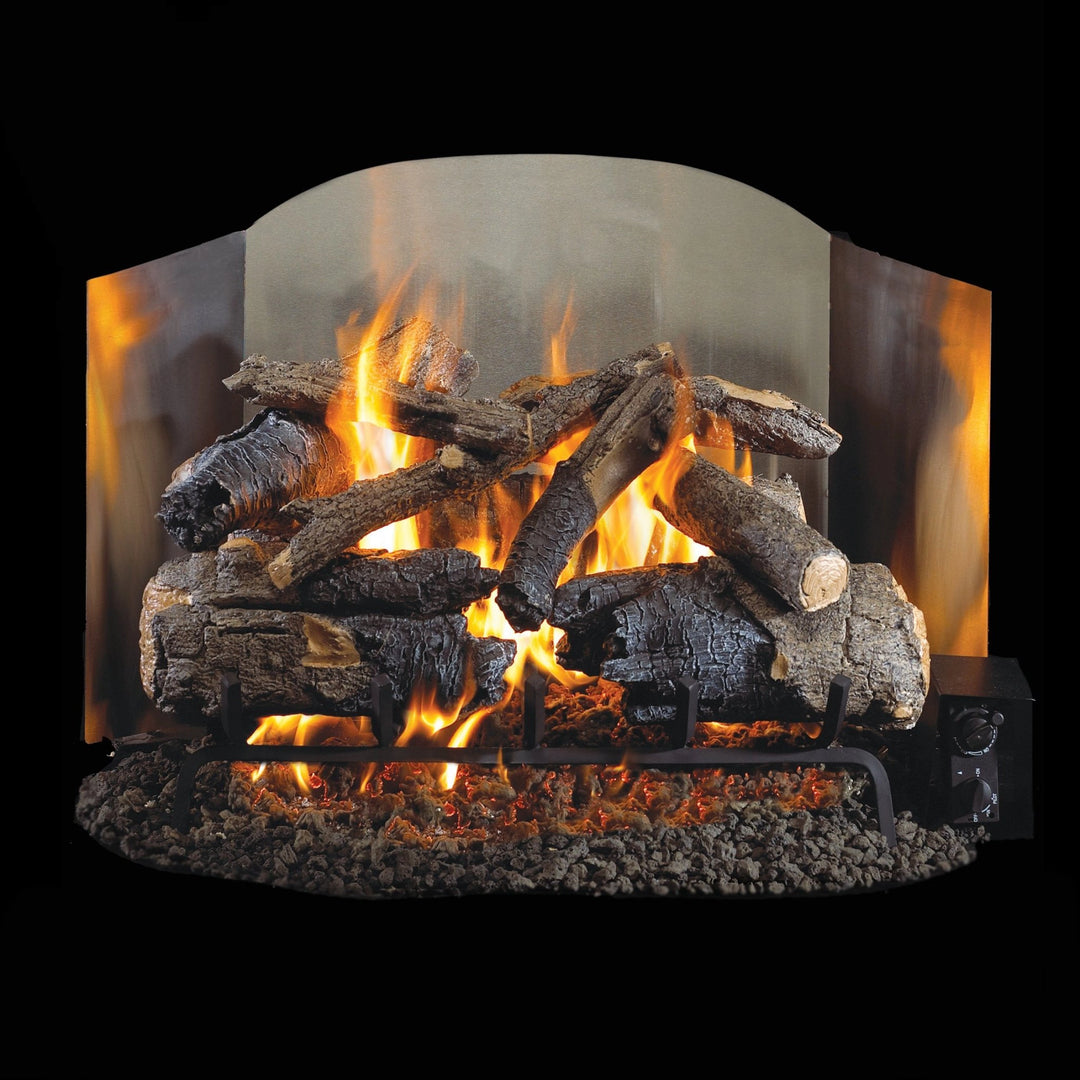 Traditional Fyreback by Real Fyre in black porcelain finish, paired with a gas log set, creating a stunning reflective surface that enhances the warmth and ambiance of the fire. Designed for both beauty and practicality, this fireback improves heat distribution and adds an attractive visual element to your gas fireplace.