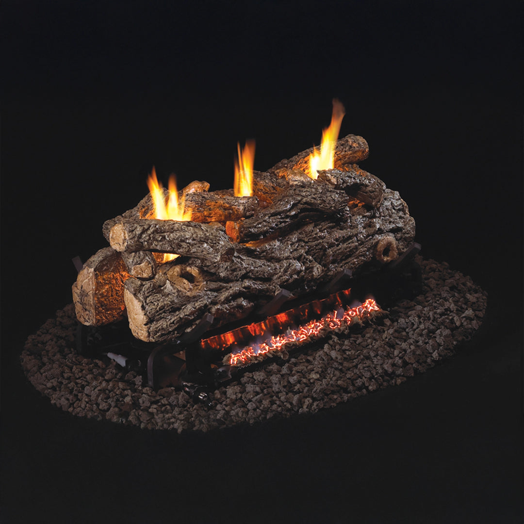 Vent-Free Designer Gas Logs Golden Oak by Real Fyre with vibrant flames, showcasing the angled view. Perfect for enhancing vent-free fireplace ambiance.