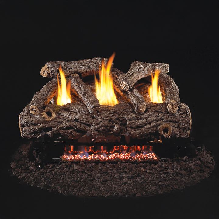 Vent-Free Designer Gas Logs Golden Oak by Real Fyre with flames, front-facing view. Realistic golden oak texture complements vent-free fireplace settings.