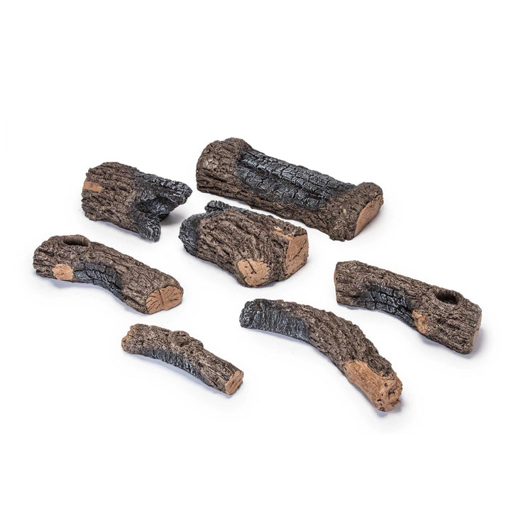 Disassembled view of the Real Fyre Vented Charred Oak Gas Logs, 18-inch size, showcasing individual log pieces with detailed charred textures and realistic oak bark finish. Ideal for creating a customizable layout in vented fireplaces for authentic oak log aesthetics