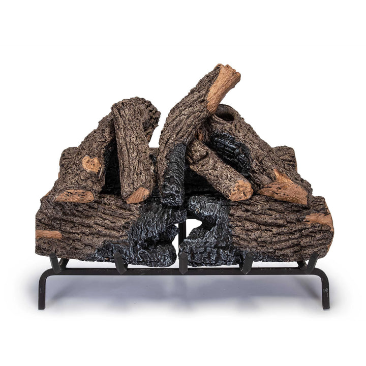 24-inch Real Fyre Vented Charred Oak Gas Logs arranged on a white background, displaying a detailed stack configuration. Each log showcases intricate char patterns and oak grain for a lifelike appearance, ideal for enhancing the authenticity of any vented gas fireplace.