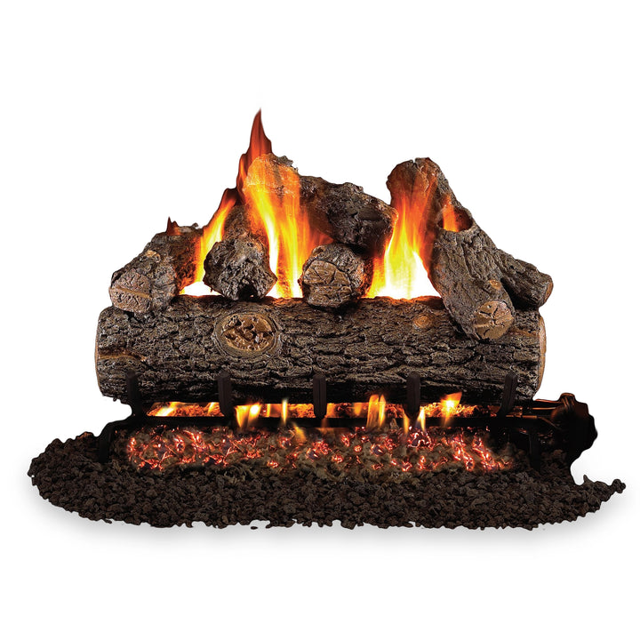 A clear background shot of the Vented Designer Plus Gas Logs Golden Oak by Real Fyre, showcasing the finely crafted oak logs in a lit fire setting. This image highlights the robust log design and glowing embers, perfect for enhancing your fireplace aesthetic. Great for homes desiring an energy-efficient and authentic-looking gas log set.