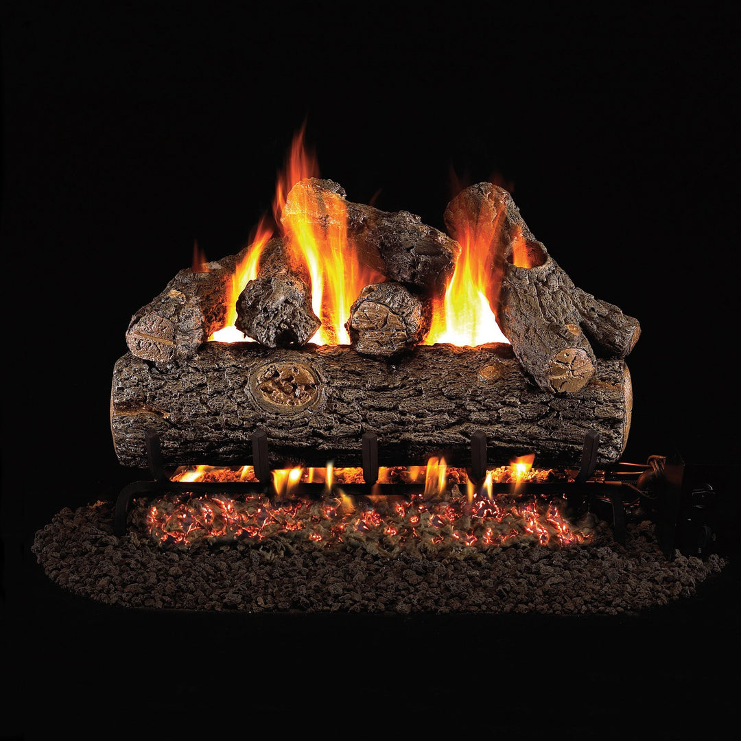 A front view of the Vented Designer Plus Gas Logs Golden Oak by Real Fyre, displaying a beautiful roaring fire with perfectly arranged oak logs. The vibrant flames reflect the lifelike detail of the logs, enhancing the cozy atmosphere. Ideal for those seeking a natural-looking gas log set for their home.