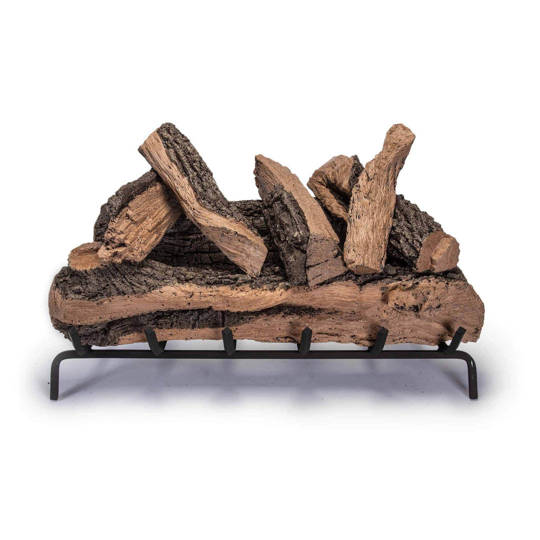 The 30-inch Real Fyre Vented Designer Plus Gas Logs in Split Oak, displayed on a black metal grate. This gas log set includes large split oak logs with a rugged texture that replicates real wood, ideal for larger vented fireplaces. Enhances the aesthetic of traditional and contemporary fireplaces.