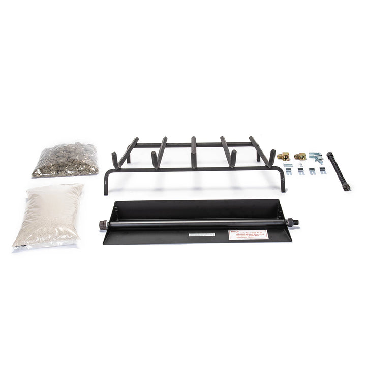 Complete 24-inch Vented G4 Fireplace Burner kit by Real Fyre, including a burner pan, grate, sand, embers, and connection hardware for installation.