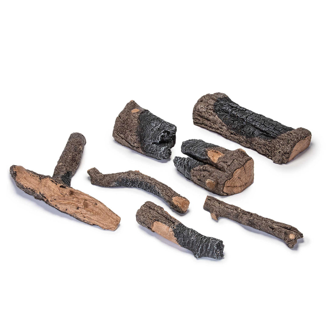 Real Fyre Vented Charred American Oak Gas Logs 18 inch set disassembled on a white background, showcasing individual logs' charred texture and realistic wood grain detailing. Perfect for versatile log arrangements in vented fireplaces.