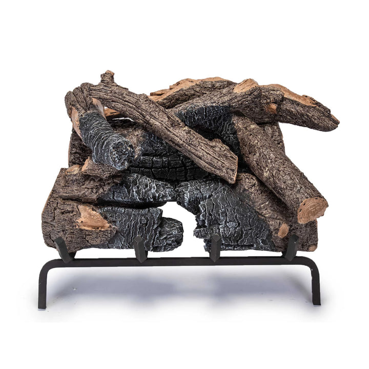 Real Fyre Vented Charred American Oak Gas Logs 18 inch stacked on grate, detailed charred design with authentic wood grain texture, displayed on white background. Ideal for enhancing natural fire aesthetic with vented gas logs