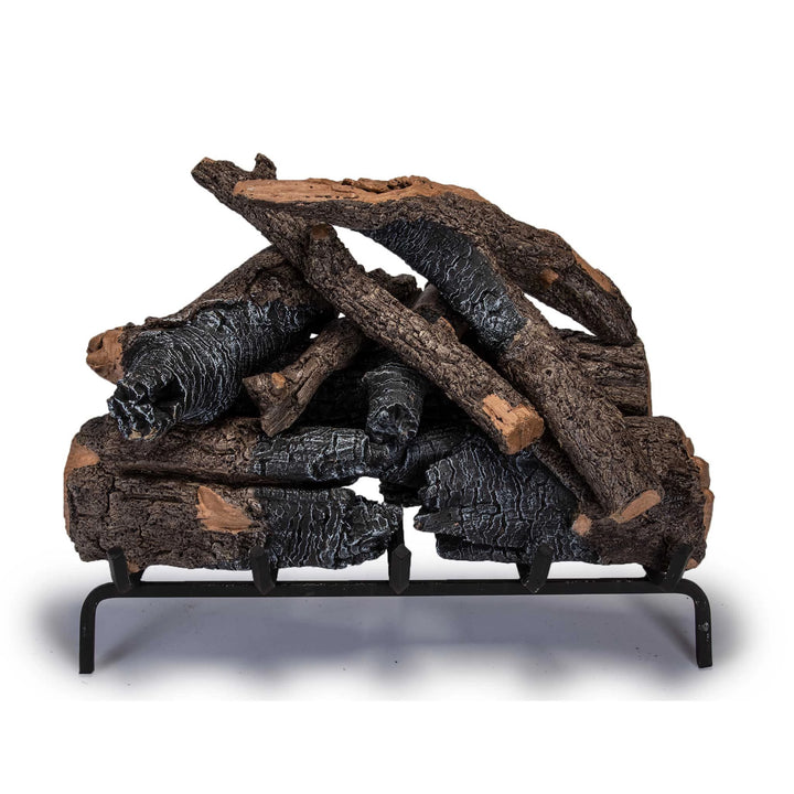 Front view of the 24-inch Real Fyre Vented Charred American Oak Gas Logs fully assembled on a grate. The gas logs display realistic textures with charred details and dark brown bark, providing an authentic fireplace experience with natural gas compatibility.