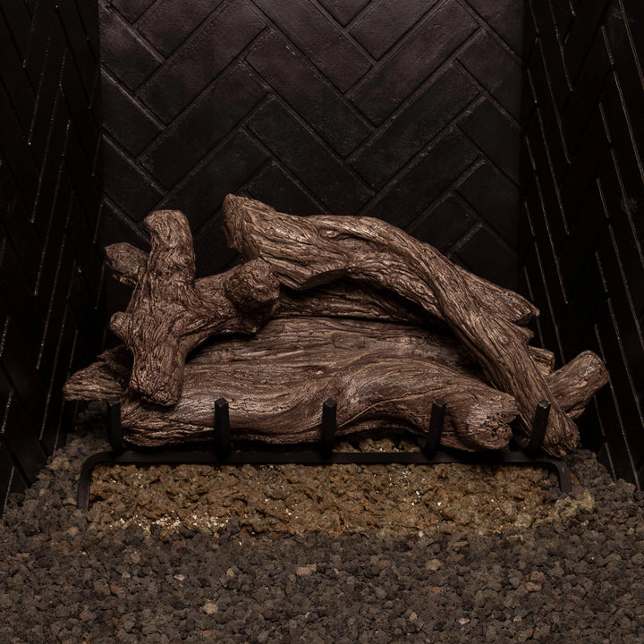 Large 36-inch Coastal Driftwood vented gas logs by Real Fyre, displayed without flames, highlighting the intricate driftwood textures that provide an authentic look for traditional gas fireplaces.