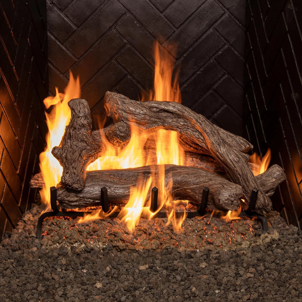 36-inch Real Fyre vented Coastal Driftwood gas log set with vibrant flames, designed to create a lifelike, warm ambiance in traditional fireplaces, featuring detailed driftwood textures and a realistic burn.