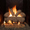 Real Fyre 18-inch Golden Oak vented gas logs with fire lit, displaying realistic flames and glowing embers. Perfect for vented gas fireplaces, these ceramic logs replicate natural oak, offering a warm and inviting atmosphere. Ideal for indoor use, adding both heat and style to any space